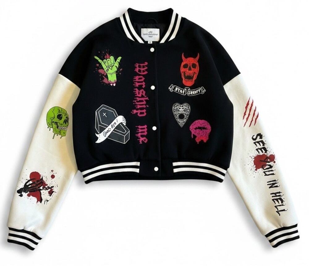 Rare Stanzi Potenza Horror Varsity Bomber Jacket Gothic Skulls Creepy Grunge XL